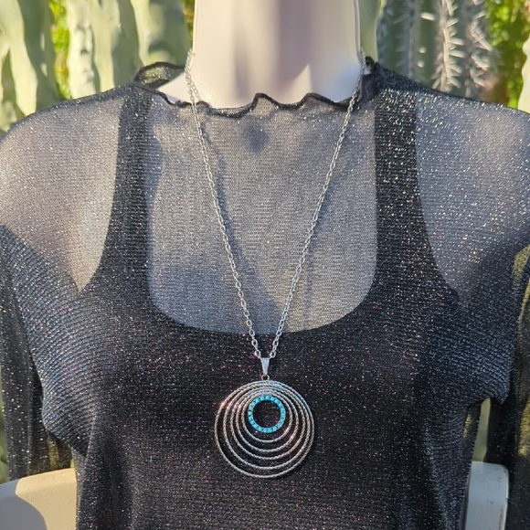Park Lane Jewelry - Vintage Park Lane Silver Tone Concentric Circle Necklace - Turquoise Bead Inlay